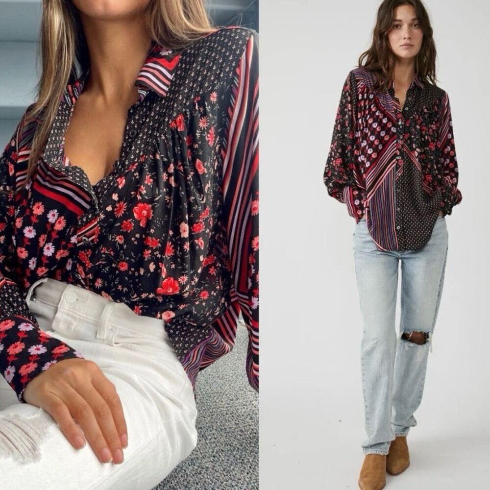 FREE PEOPLE | Hazel Button Down Blouse Collar Oversized Multi‎ Colored | Medium